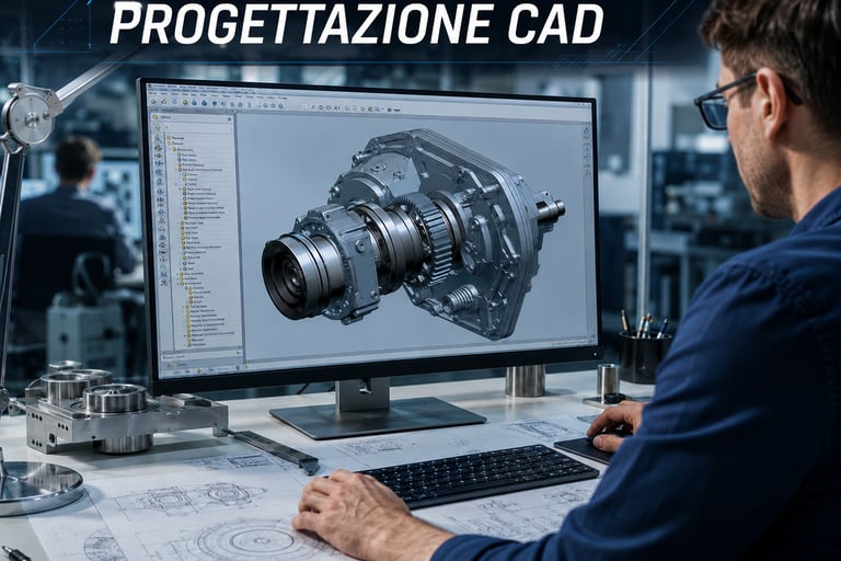 Ingegnere che utilizza software CAD professionale per la progettazione meccanica 3D