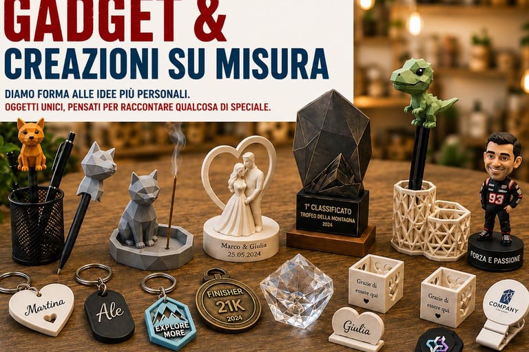 Selezione di gadget personalizzati stampati in 3D