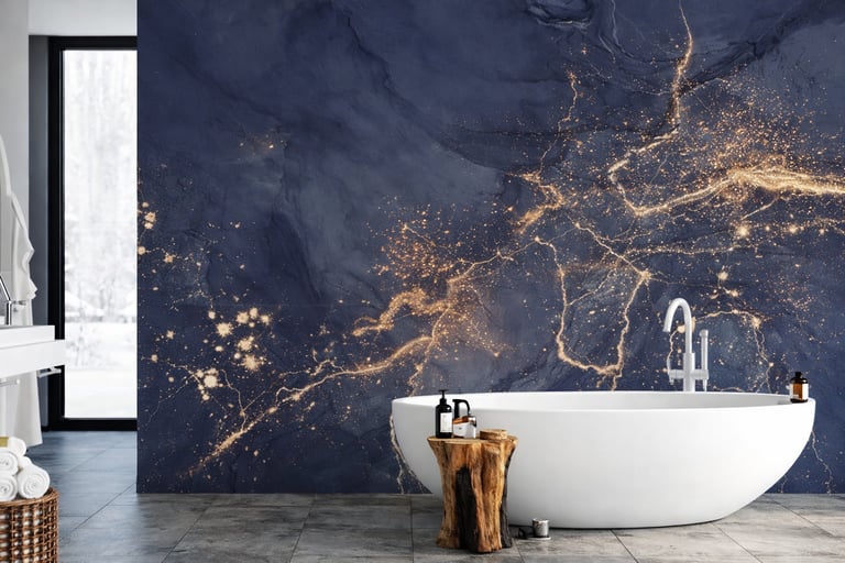 Modern bathroom featuring a white oval bathtub against a navy blue marble wallpaper with gold glitter accents.