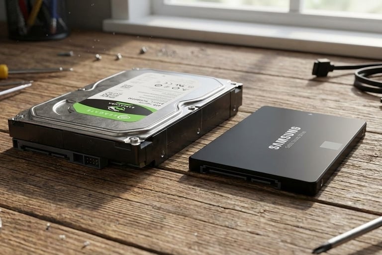 Um HDD e um SSD em cima de uma mesa