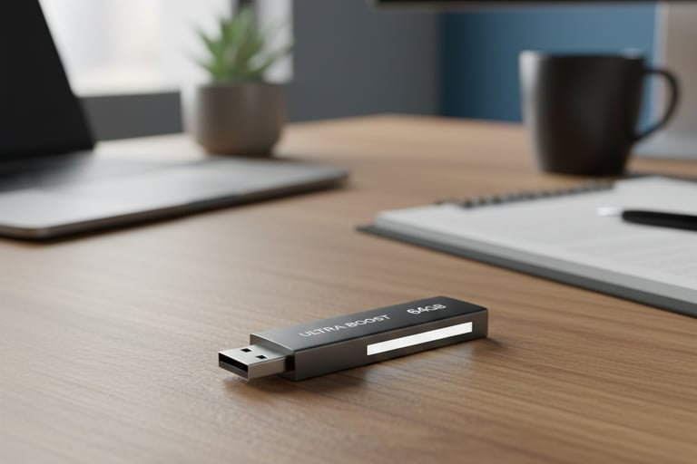 Pen drive de 64gb em cima de mesa de escritório
