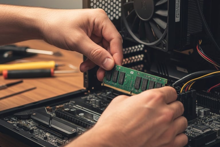 Imagem de um técnico fazendo upgrade de memória em um computador.