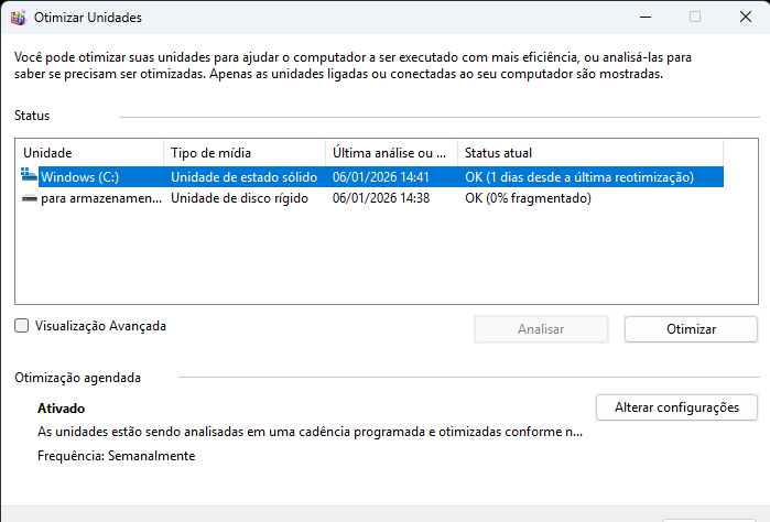 OBS: disco c é SSD não pode ser desfragmentado já o disco abaixo sim