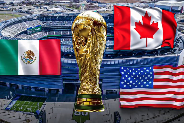 The flags of the three host countries of the 2026 FIFA World Cup with the trophy