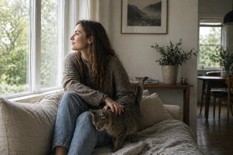 Young woman sitting on the couch next to the window with her cat nearby.
