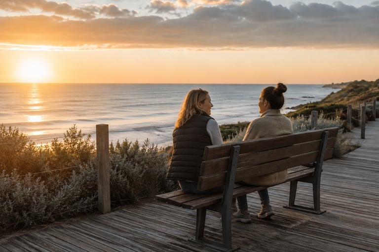 Two women talking and sitting on a wooden bench looking at the ocean and sunrise.
