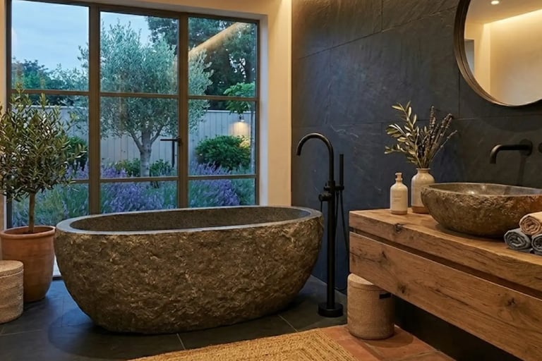 Bagno spa con vasca in pietra naturale, mobile in legno massello e vista sul giardino