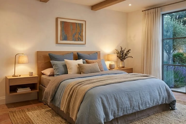 Camera da letto accogliente con arredi in legno naturale, tessuti morbidi e vista sul giardino