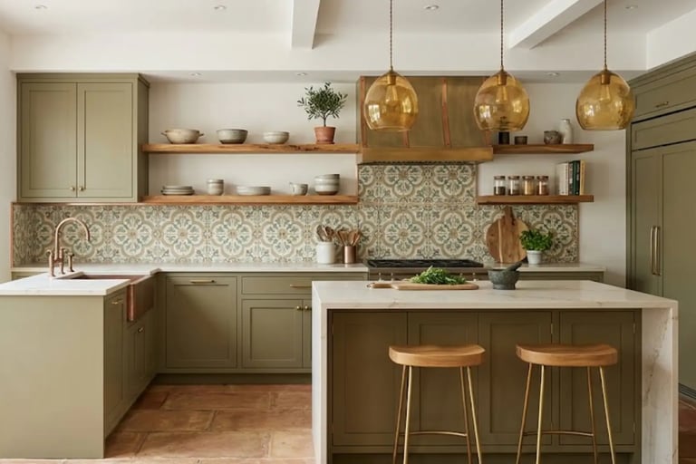 Cucina in stile country contemporaneo con isola centrale, piastrelle decorative e dettagli in legno