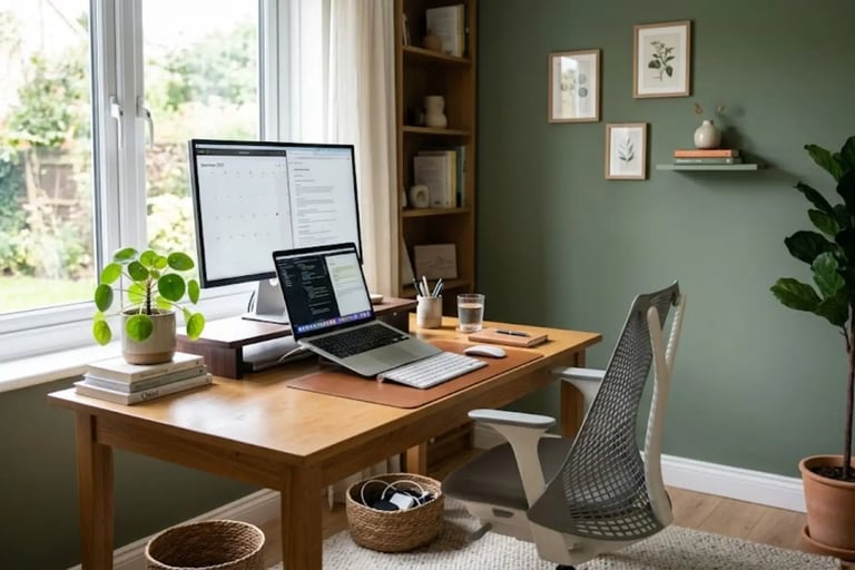 Home office con scrivania in legno, parete verde salvia e piante da interno