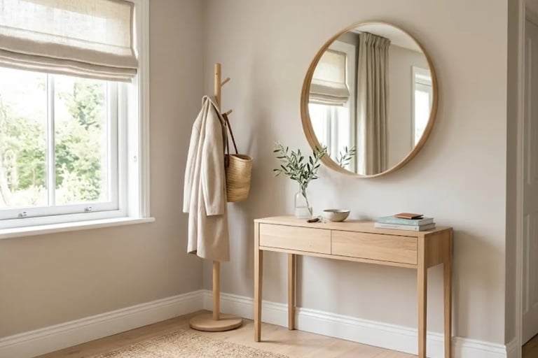 Zona ingresso minimalista con specchio rotondo, consolle in legno e tonalità neutre