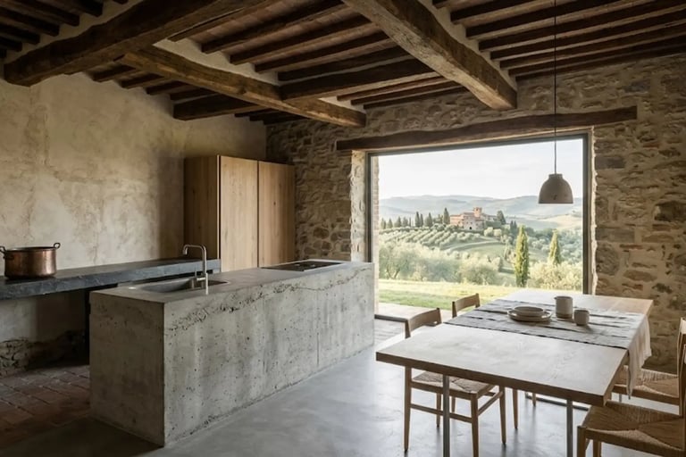 Cucina in stile rustico con travi a vista, pareti in pietra e ampie aperture sul paesaggio