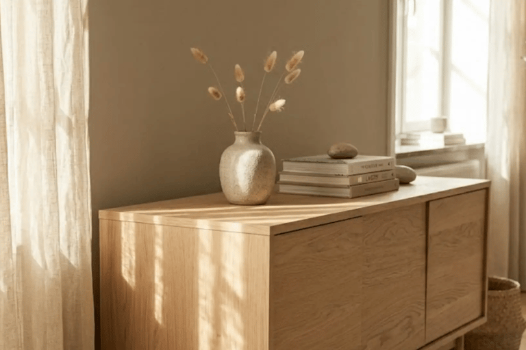 Madia in legno naturale con decorazioni essenziali e luce naturale soffusa