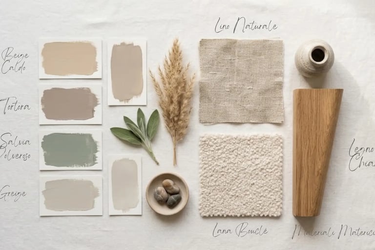 Moodboard materico con palette neutra, lino naturale, legno chiaro e tonalità verde salvia