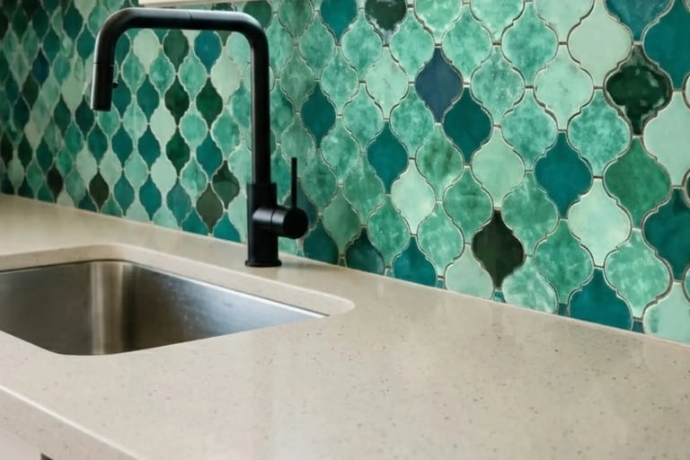 Dettaglio cucina con lavello integrato, rubinetteria nera e rivestimento in zellige verdi smaltate