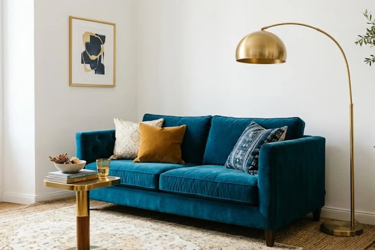 Soggiorno elegante con divano blu petrolio, lampada ad arco e dettagli in ottone