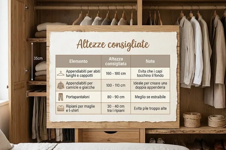 Tabella altezze consigliate all'interno della cabina armadio