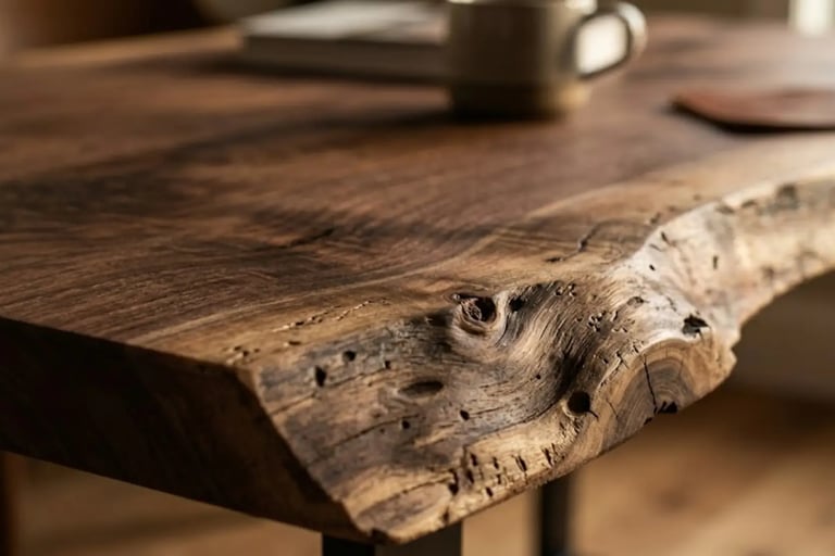 Dettaglio di tavolo in legno massello con bordo naturale e venature a vista
