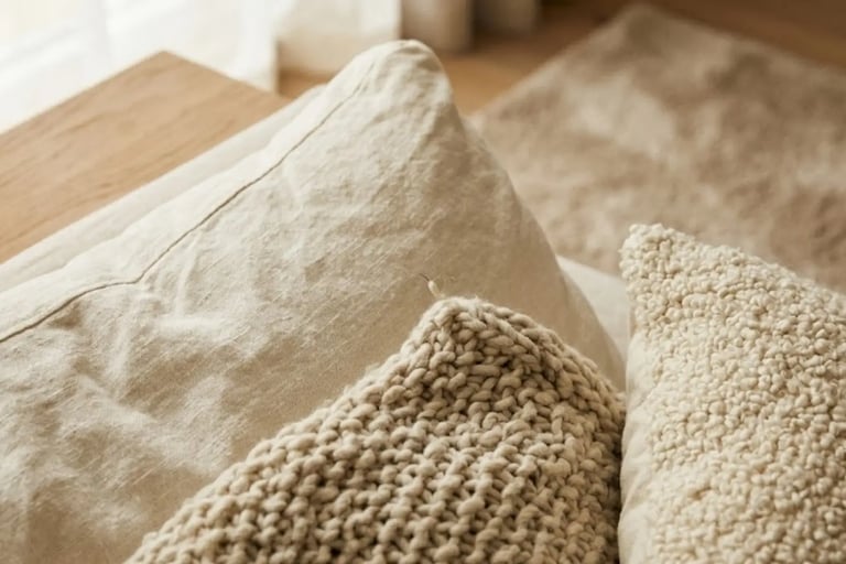Cuscini in tessuti naturali dalle tonalità neutre con texture morbide e avvolgenti