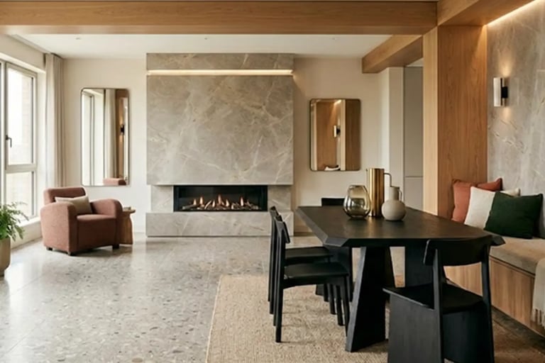 Zona giorno contemporanea con camino rivestito in pietra, tavolo da pranzo e dettagli in legno naturale