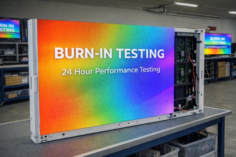 A large LED display panel undergoing 24-hour performance burn-in testing in a quality control facility.