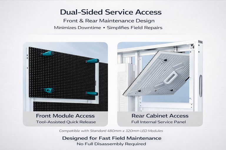 LED screen panels showing dual-sided front and rear maintenance access for quick field repairs.