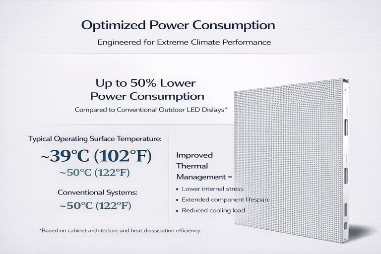Diagram showing optimized power consumption and improved thermal management for outdoor LED displays.