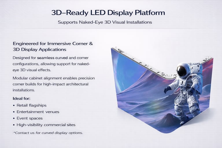 Naked-eye 3D LED display platform showing an astronaut visual on a seamless corner screen.