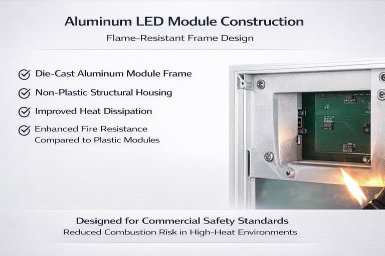 Diagram of flame-resistant die-cast aluminum LED module construction with heat dissipation features.