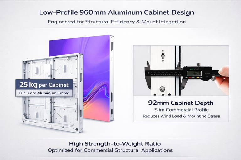 Low-profile 960mm aluminum LED display cabinet featuring a 92mm slim commercial profile for structural efficiency.