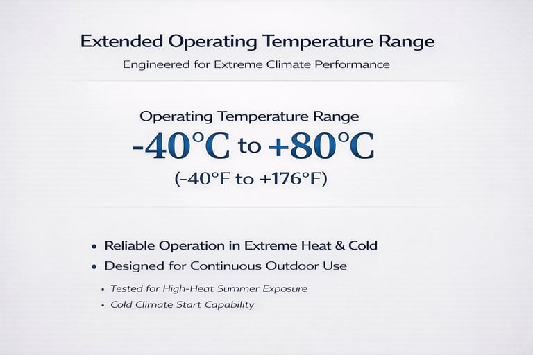 Extended operating temperature range infographic showing performance from -40C to +80C for extreme climate use.