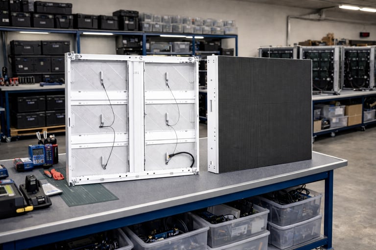 Professional LED display panel units showing front and back internal wiring on a workshop workbench.