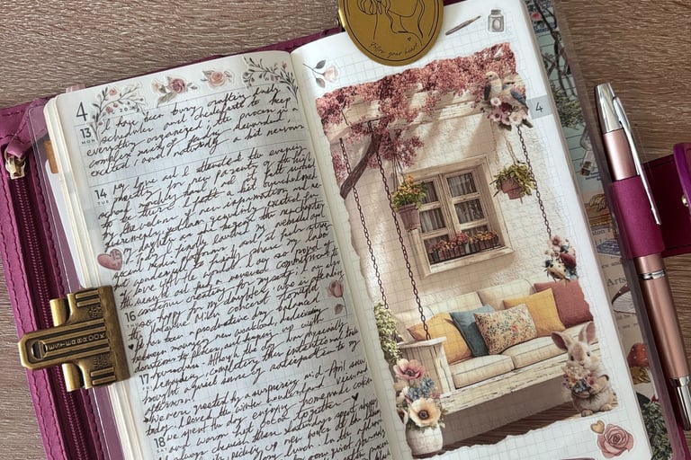Weekly N2 Compact layout featuring handwritten diary entries and aesthetic scrapbook stickers.