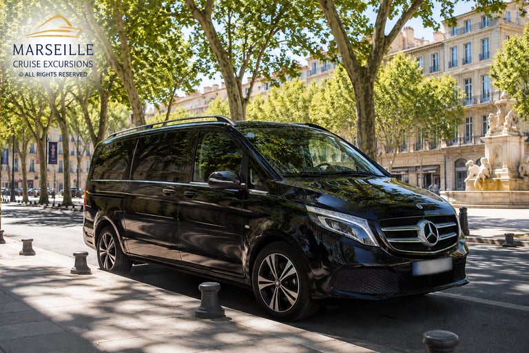 Luxury black Mercedes van for Marseille cruise excursions parked on a tree-lined street near a fountain.