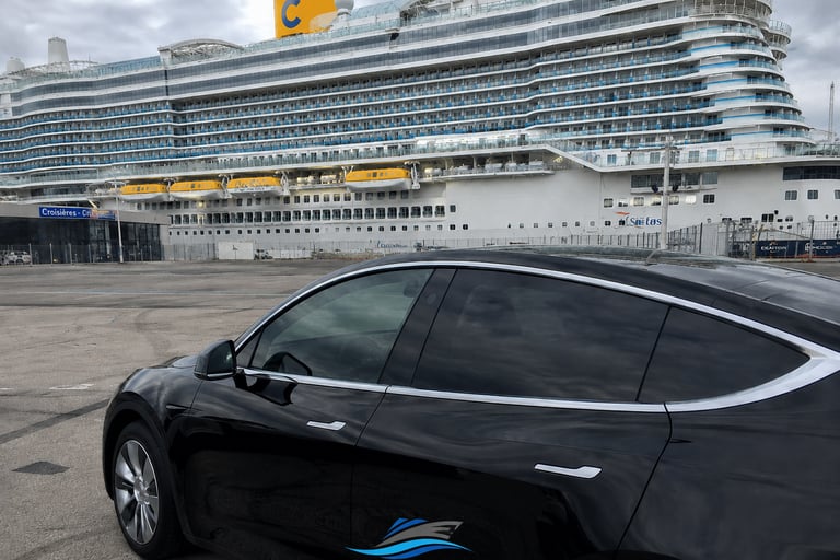 Private transfer vehicle at Marseille Cruise Port in front of a Costa Cruises ship