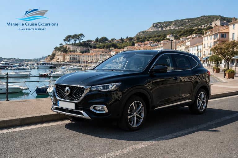 Black MG SUV parked at Cassis port for luxury cruise shore excursions and private tours.