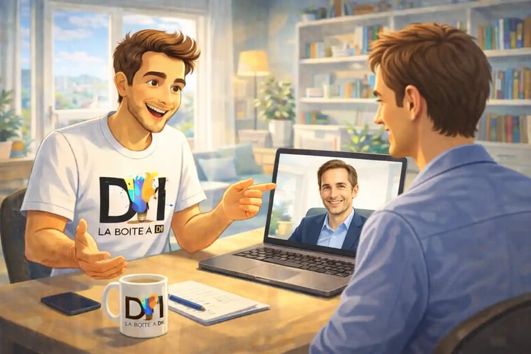 Accompagnement en visioconférence pour reconversion numérique après 40 ans, Dam échange avec un apprenant en ligne.