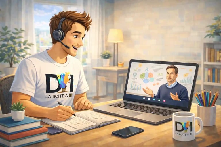 Formation en ligne pour reconversion numérique après 40 ans, Dam suit un cours vidéo en portant La Boîte à DI.