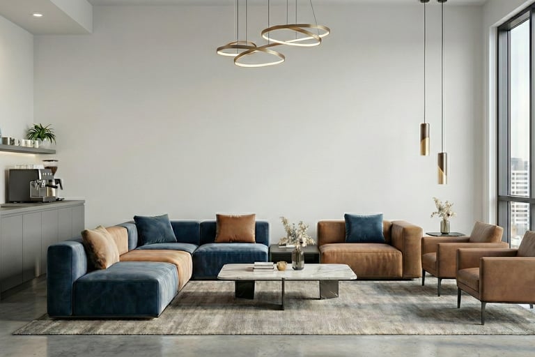 Steriler Aufenthaltsraum mit weißen Wänden und blauen/braunen Polstermöbeln vor der Umgestaltung.