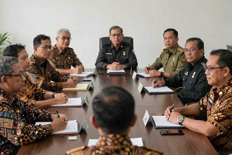 A group of Southeast Asian / Indonesian retired officers in smart-casual batik and uniforms sitting around a large dark wood table in a professional meeting room, looking supportive and confident.