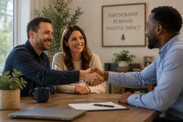 Investors shaking hands, agreeing to help homeowners in distress together
