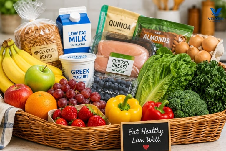 Healthy American foods including fruits, vegetables, whole grains, lean proteins, and dairy on a tab