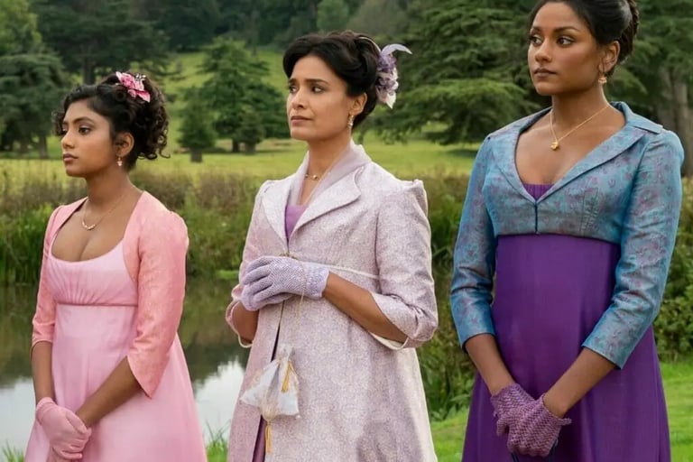 Edwina, Mary e Kate Sharma em pé em um campo. A introdução 