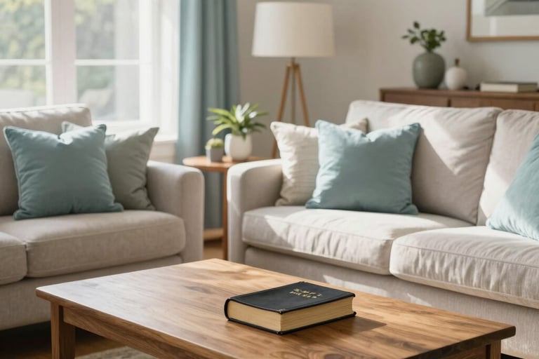 A high-quality photography of a bright, sun-drenched living room in a North American home. The space is decorated with soft powder blue pillows and muted sea green accents, featuring comfortable furniture and a Bible on a wooden coffee table. The atmosphere is peaceful, warm, and inviting.