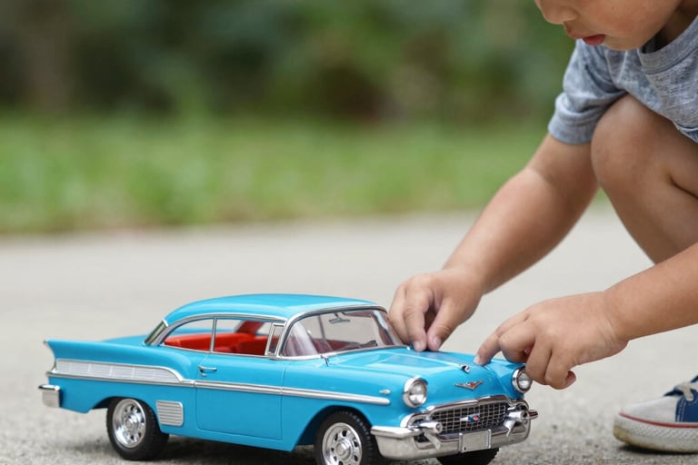 A young boy playing with a classic blue vintage model toy car on a paved sidewalk outdoors.