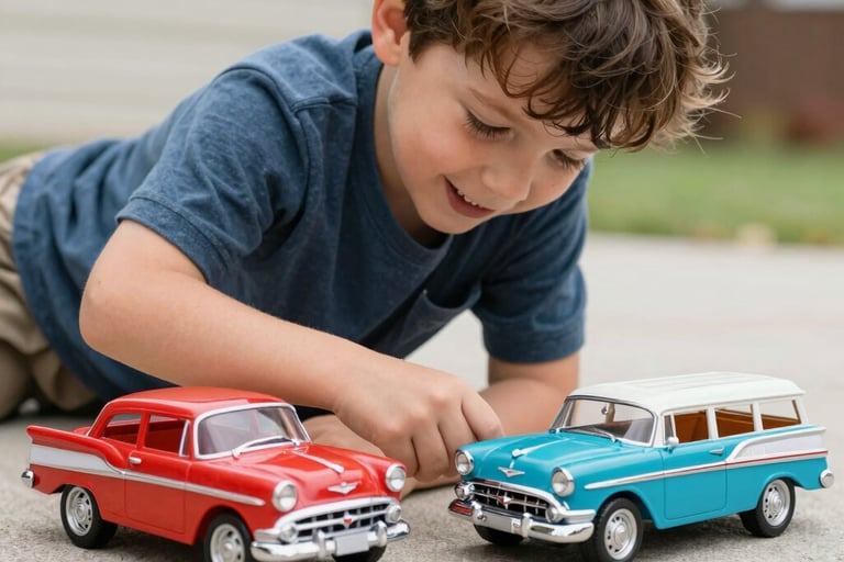 Young boy playing with vintage red and blue toy cars on a concrete driveway outdoors.