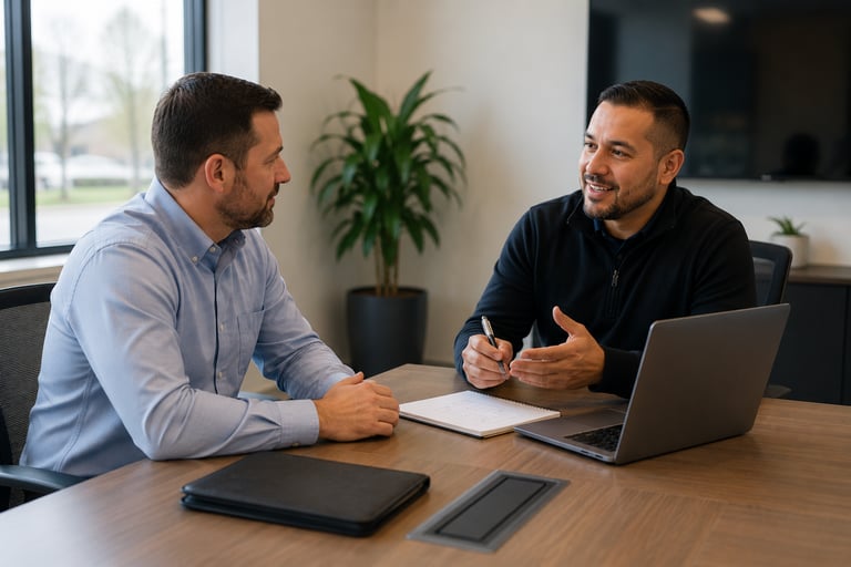 IT consultant meeting with a small business owner to review technology strategy and managed IT servi