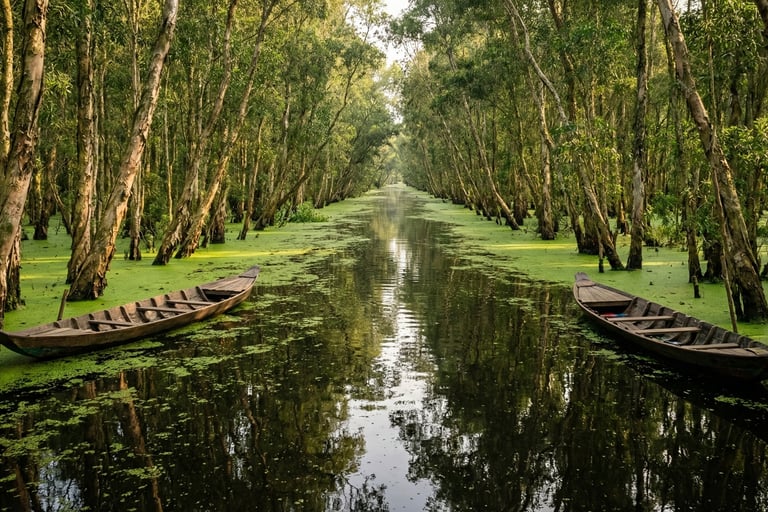 Trà Sư cajuput forest in An Giang, Vietnam, with boats moving through green flooded wetlands
