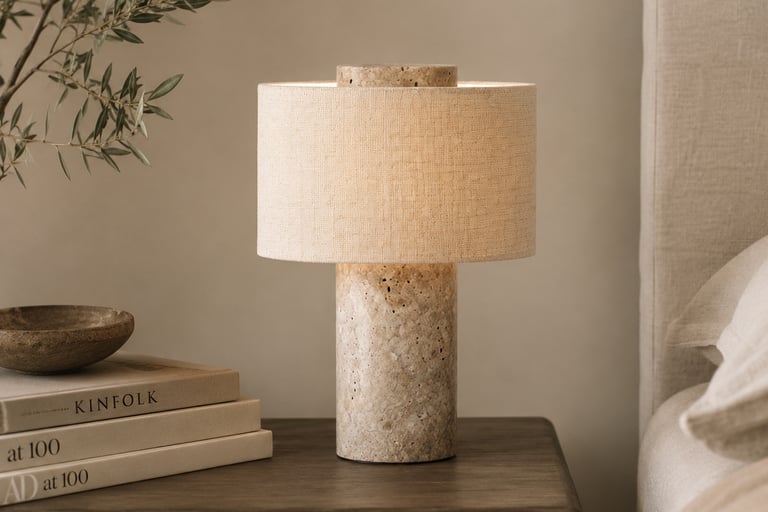 Natural stone and linen bedside table lamp styled in a warm organic luxury bedroom interior