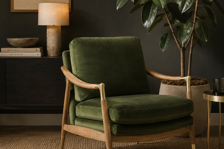 Olive green velvet lounge chair with oak wood frame styled in a dark organic modern living room with